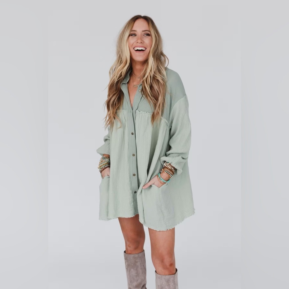 Three Bird Nest Long Sleeve Sage Green Button-Up Dress - Picture 5 of 9